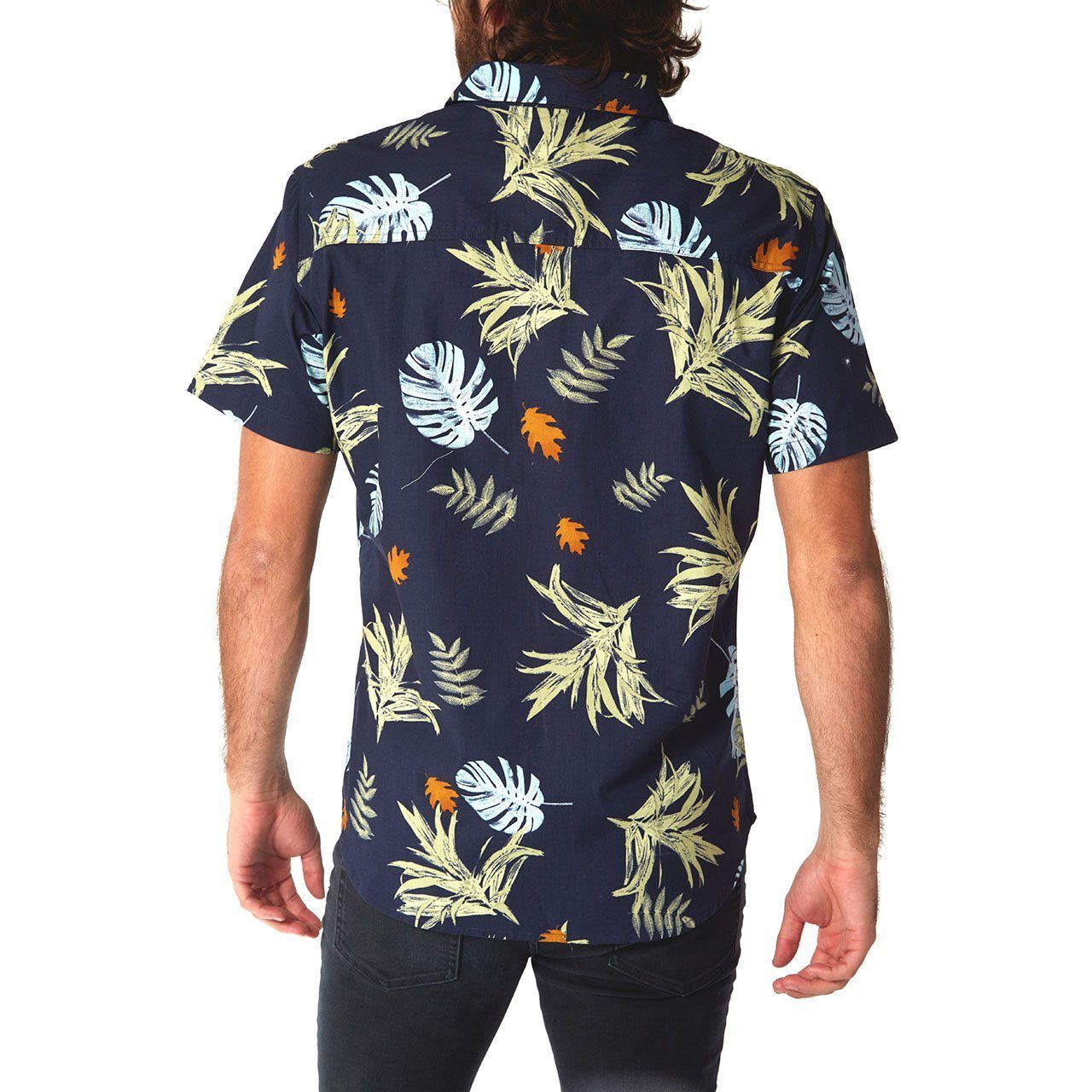 Picture of a Men's Button Up Navy Floral Short Sleeve Shirt back view