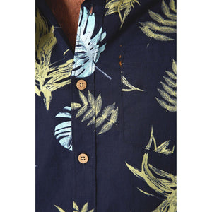 Picture of a Men's Button Up Navy Floral Short Sleeve Shirt close up of buttons