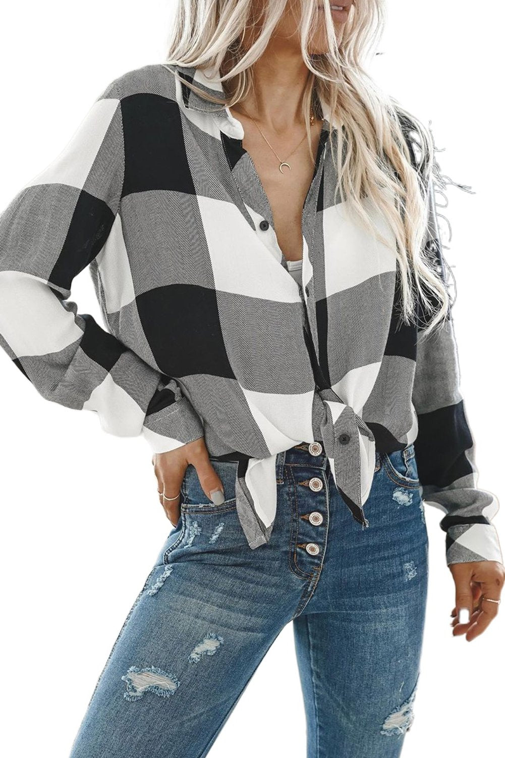 Women's Turn Down Collar Button Down Flannel Blouse front view on white background