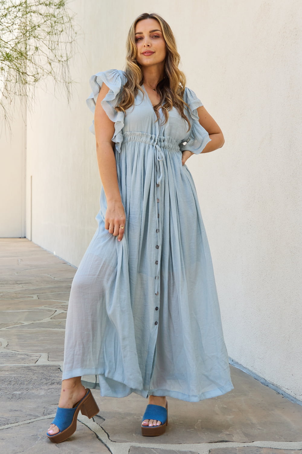 Conservative Long Butterfly Sleeve Blue Maxi Dress front
