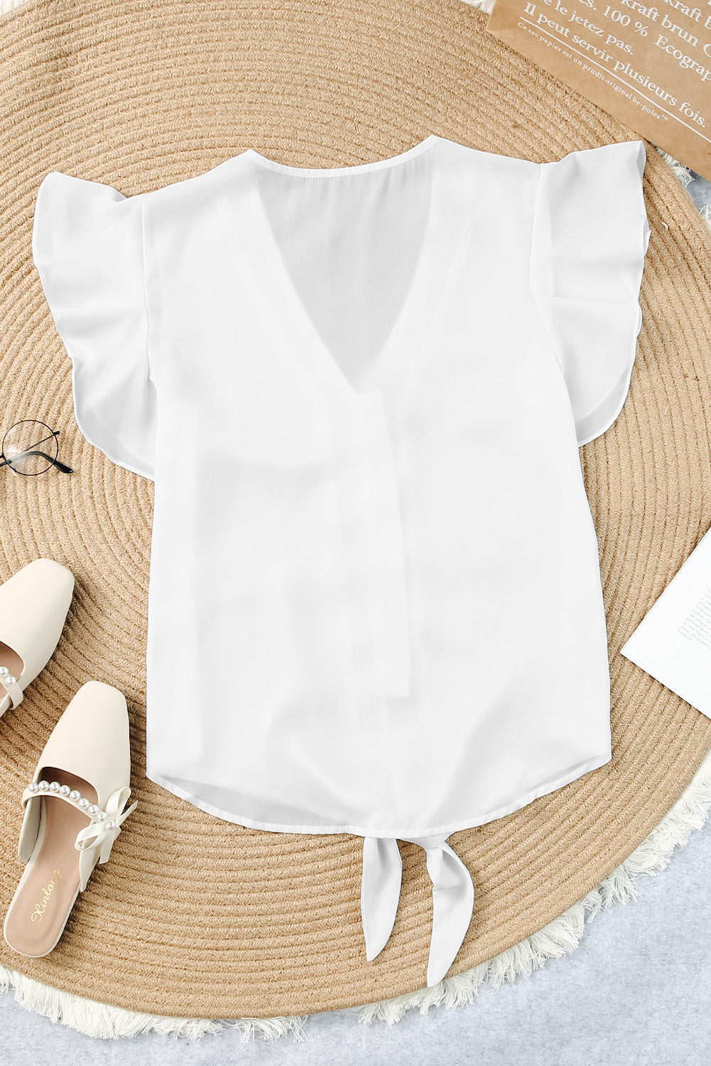 V-Neck Tie and Hem Flutter Sleeve Summer Women's Blouse white back