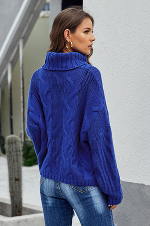 Picture of a Women's Cuddle Approved Cable Knit Handmade Turtleneck Sweater blue back