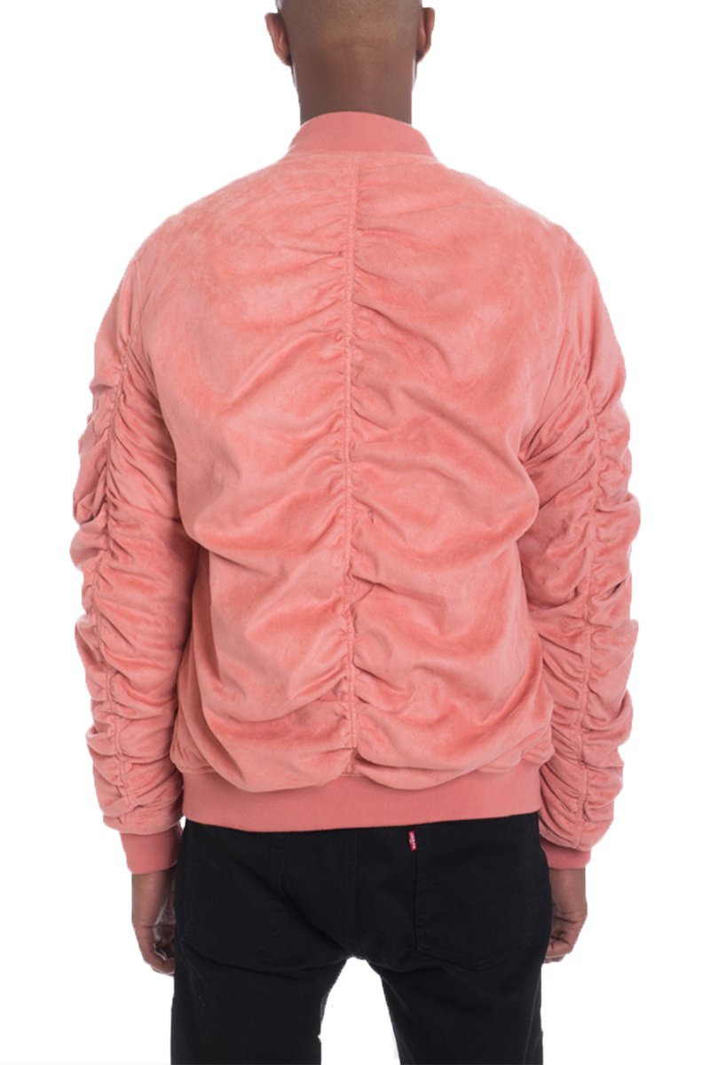Picture of a Men's Pink Faux Suede Bomber Jacket back