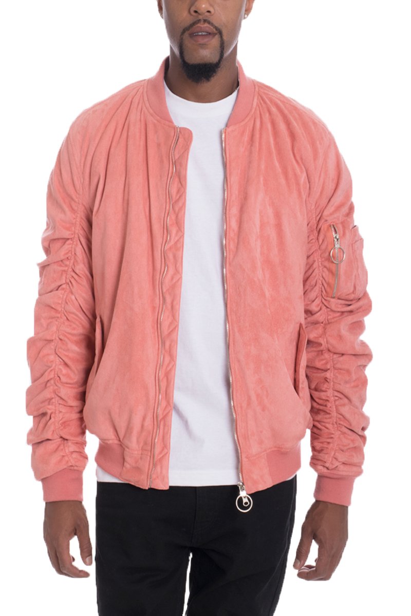 Picture of a Men's Pink Faux Suede Bomber Jacket front