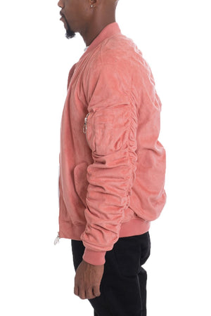 Picture of a Men's Pink Faux Suede Bomber Jacket side