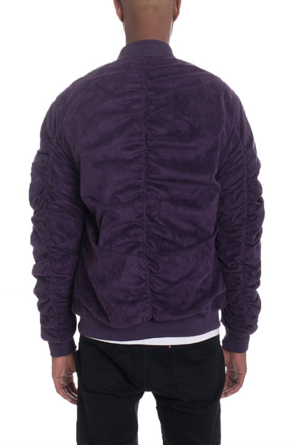 Picture of a Men's Purple Faux Suede Bomber Jacket back view