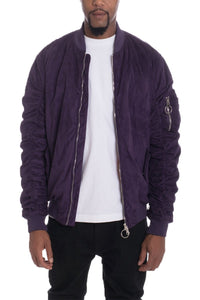 Picture of a Men's Purple Faux Suede Bomber Jacket front view
