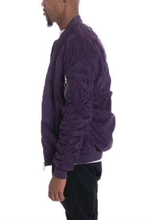 Picture of a Men's Purple Faux Suede Bomber Jacket side view