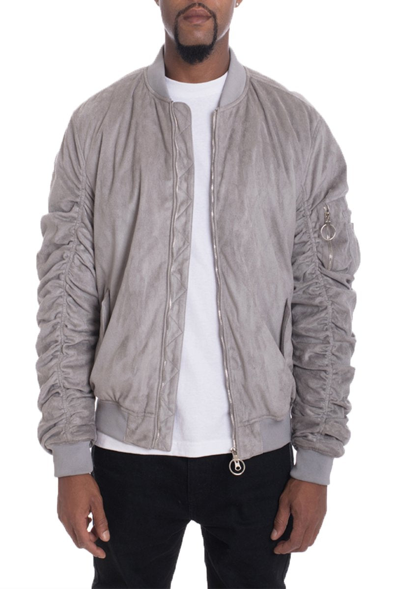 Picture of a Men's Silver Faux Suede Bomber Jacket front