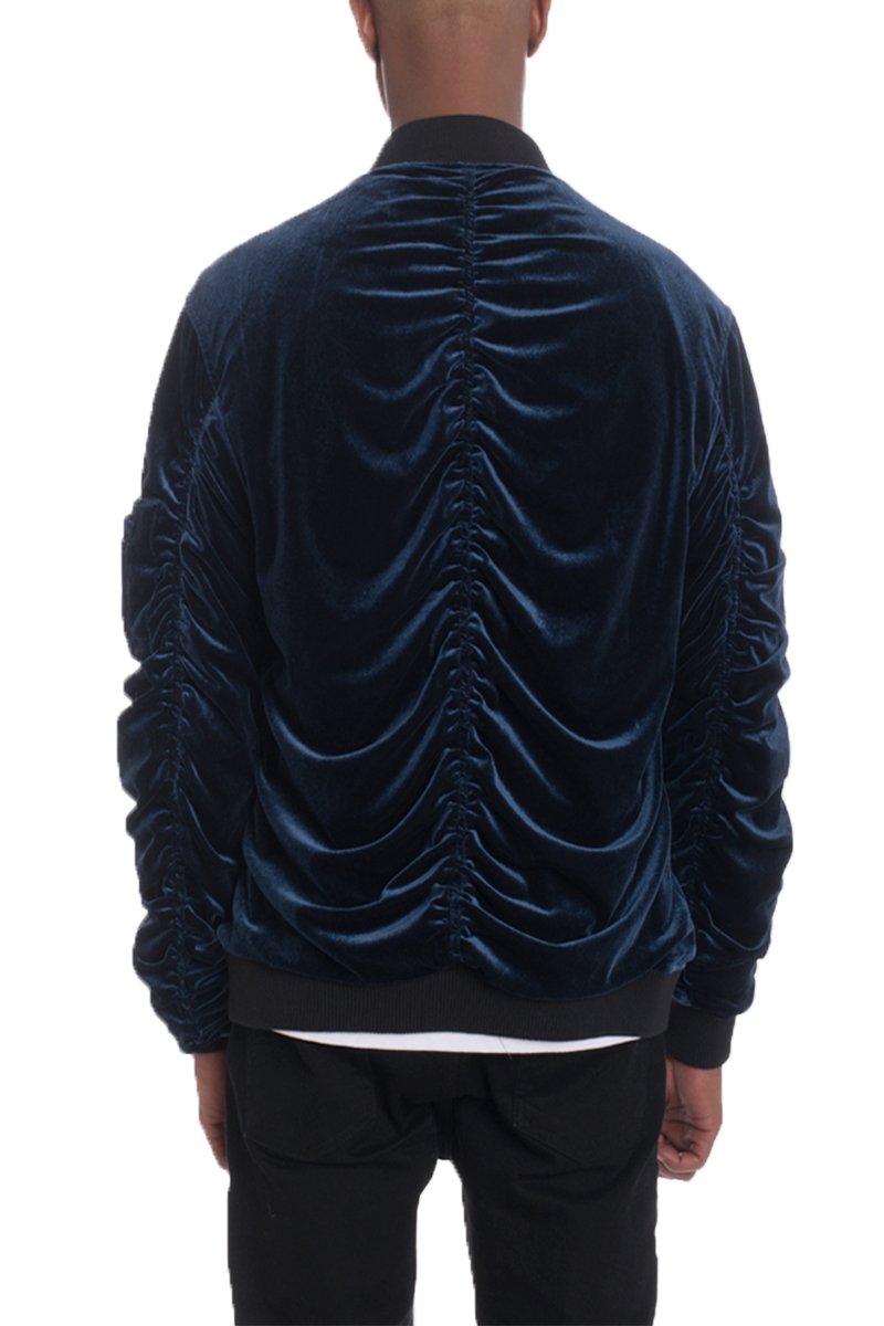 Picture of a Men's Blue Faux Suede Bomber Jacket back view