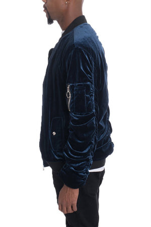 Picture of a Men's Blue Faux Suede Bomber Jacket side view