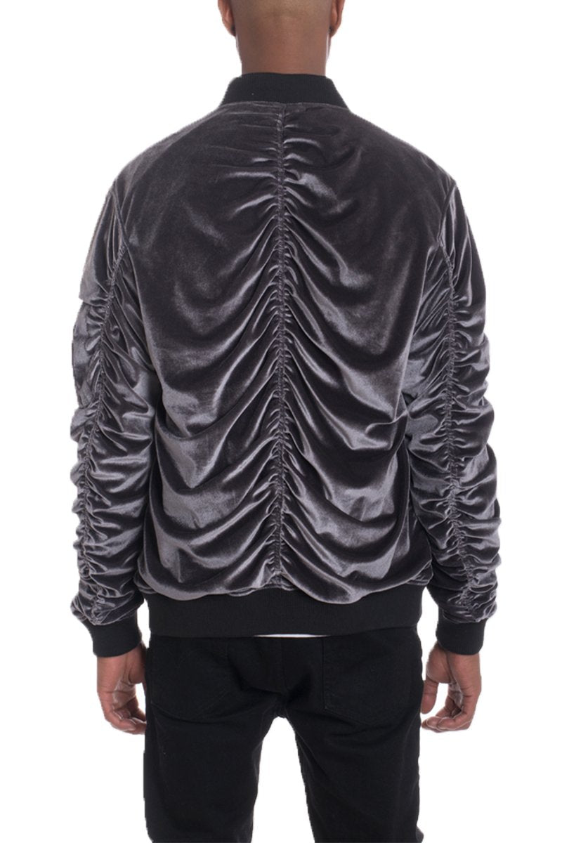 Picture of a Men's Grey Faux Suede Bomber Jacket back view