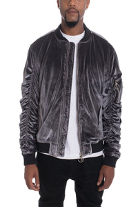 Picture of a Men's Grey Faux Suede Bomber Jacket front view