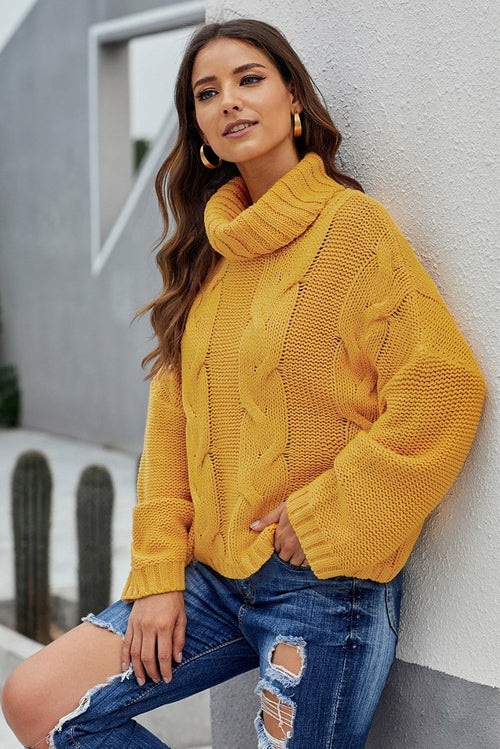 Picture of a Women's Cuddle Approved Cable Knit Handmade Turtleneck Sweater yellow front