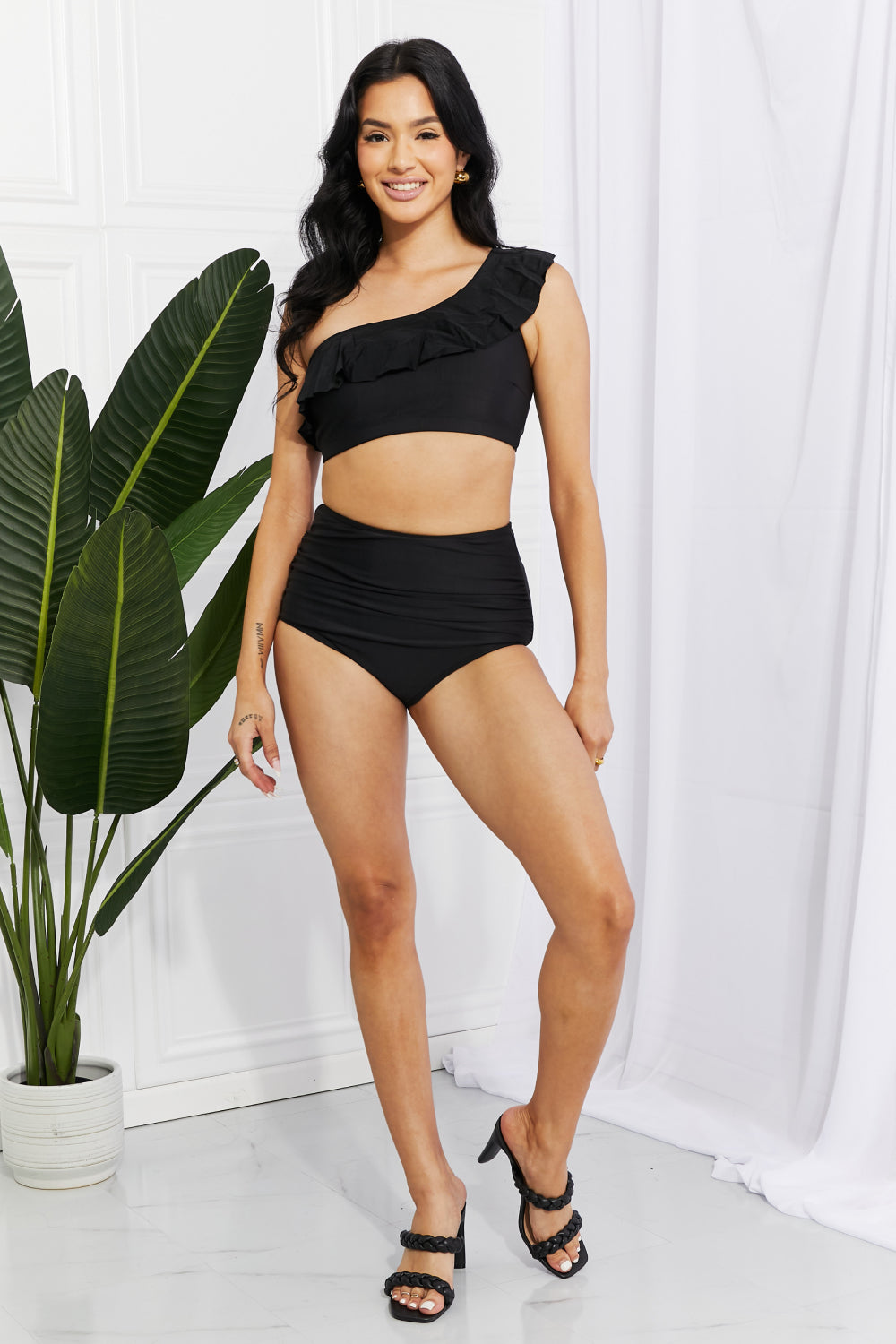 Off Shoulder Black High Waisted Bikini front full body view