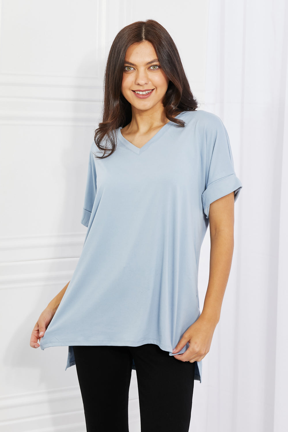 Cotton V-Neck Women's Plain Sky Blue T-Shirt front