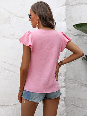 Women's Flutter Sleeve Blouse pink back