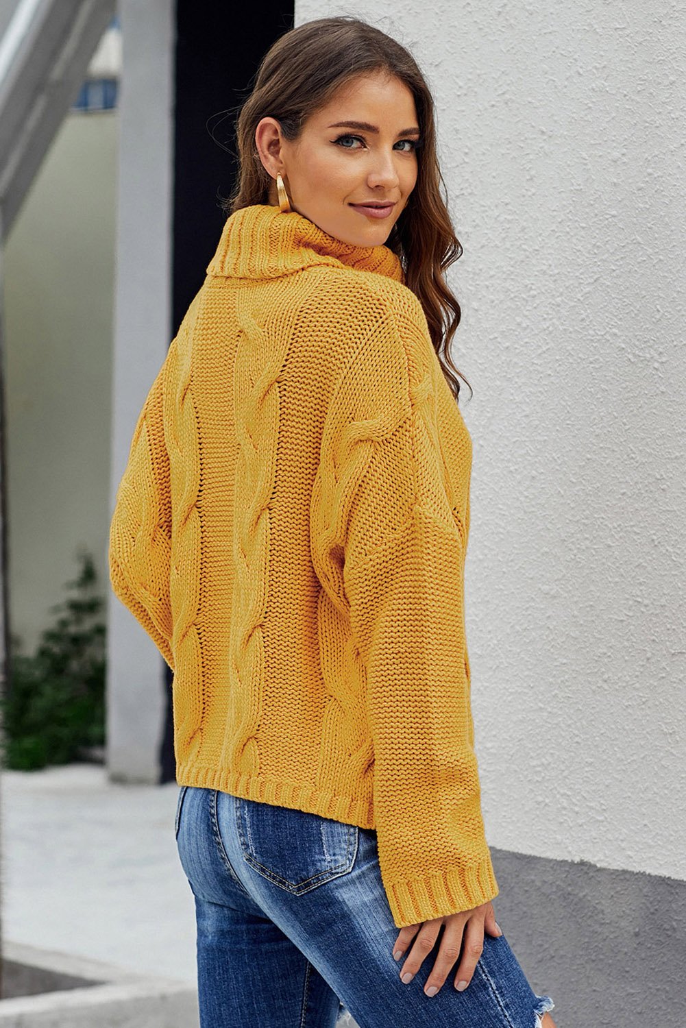 Picture of a Women's Cuddle Approved Cable Knit Handmade Turtleneck Sweater yellow side