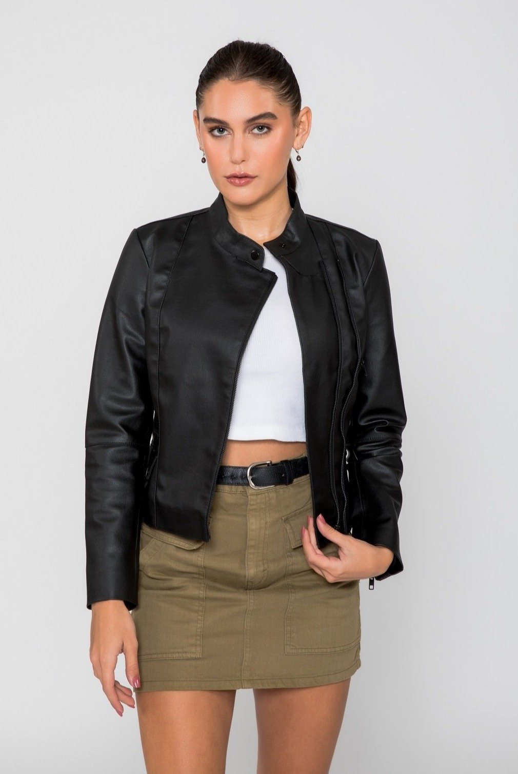 Picture of a Women's Soft Faux Black Leather Jacket front view