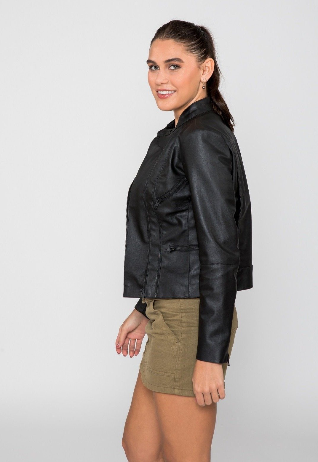 Picture of a Women's Soft Faux Black Leather Jacket side view