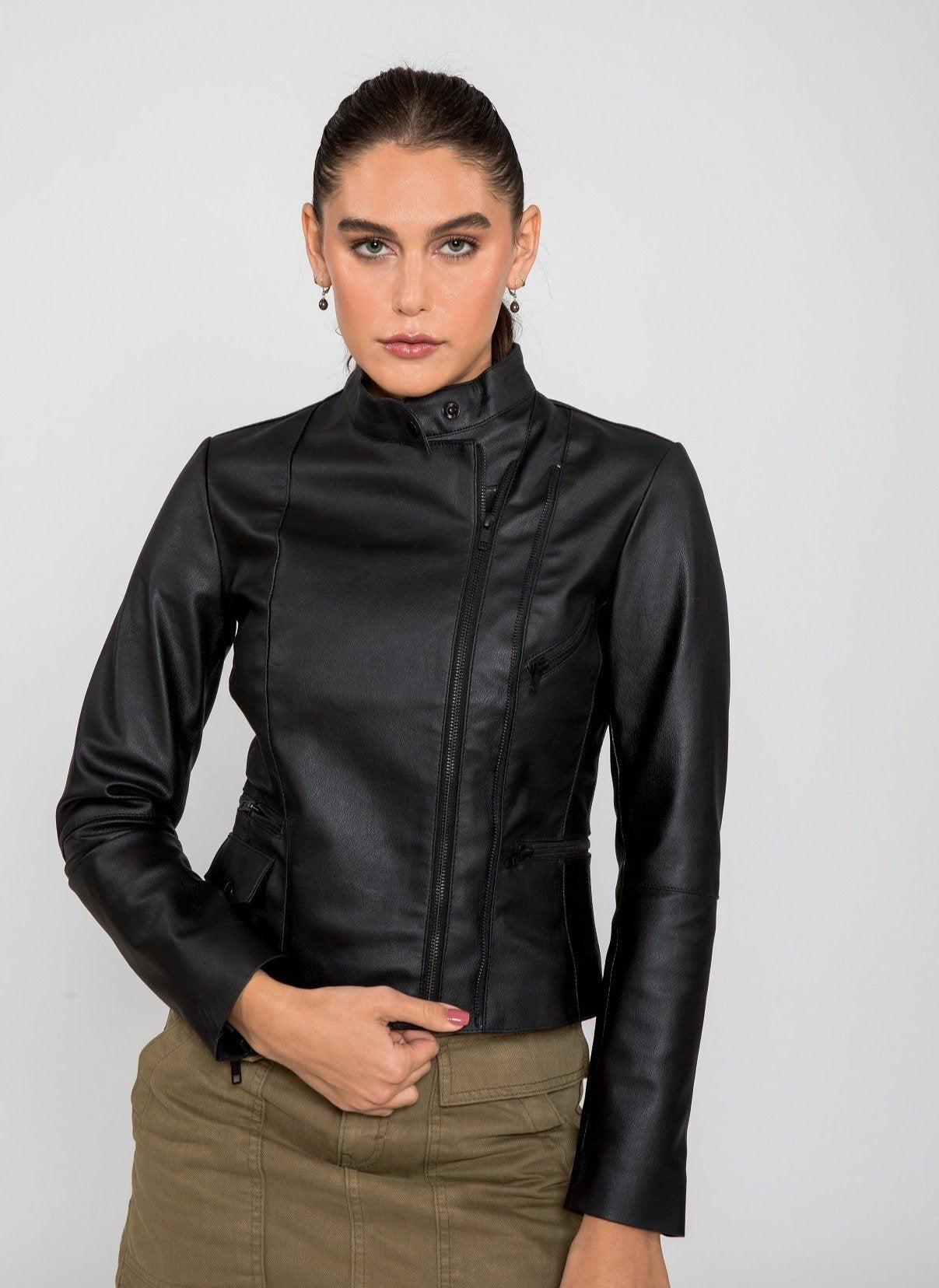Picture of a Women's Soft Faux Black Leather Jacket front view closed