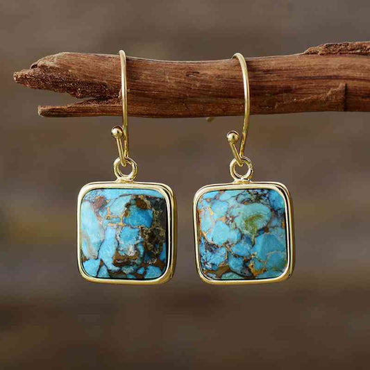 Square Copper Drop Turquoise Earrings hanging