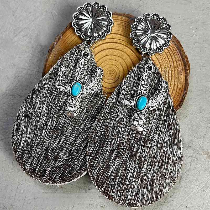 Turquoise Cactus Animal Pattern Dangle Earrings silver