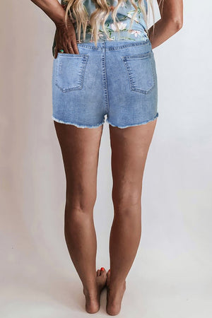 Picture of a Women's High Rise Denim Shorts with Tears back view