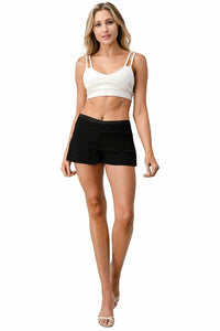 Picture of a Plain Women's Beaded Scallop Layered Hem Shorts full body black