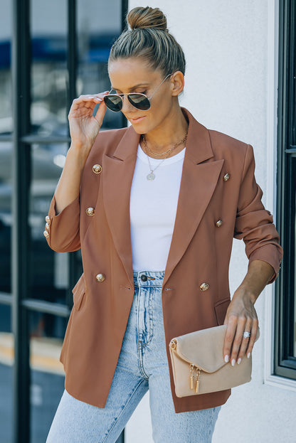 Double-Breasted Lapel Collar Women's Blazer caramel front