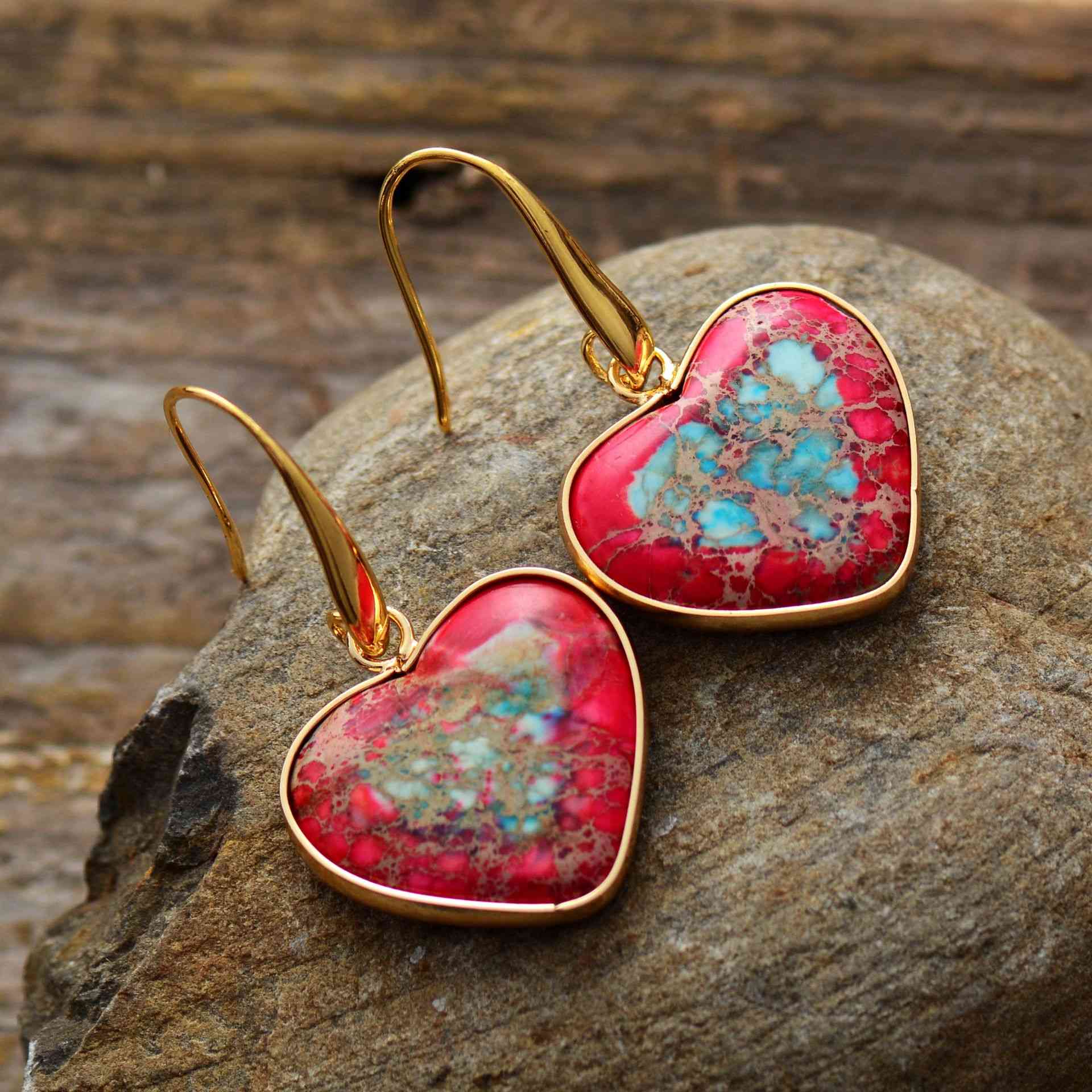 Natural Stone Heart Drop Earrings red