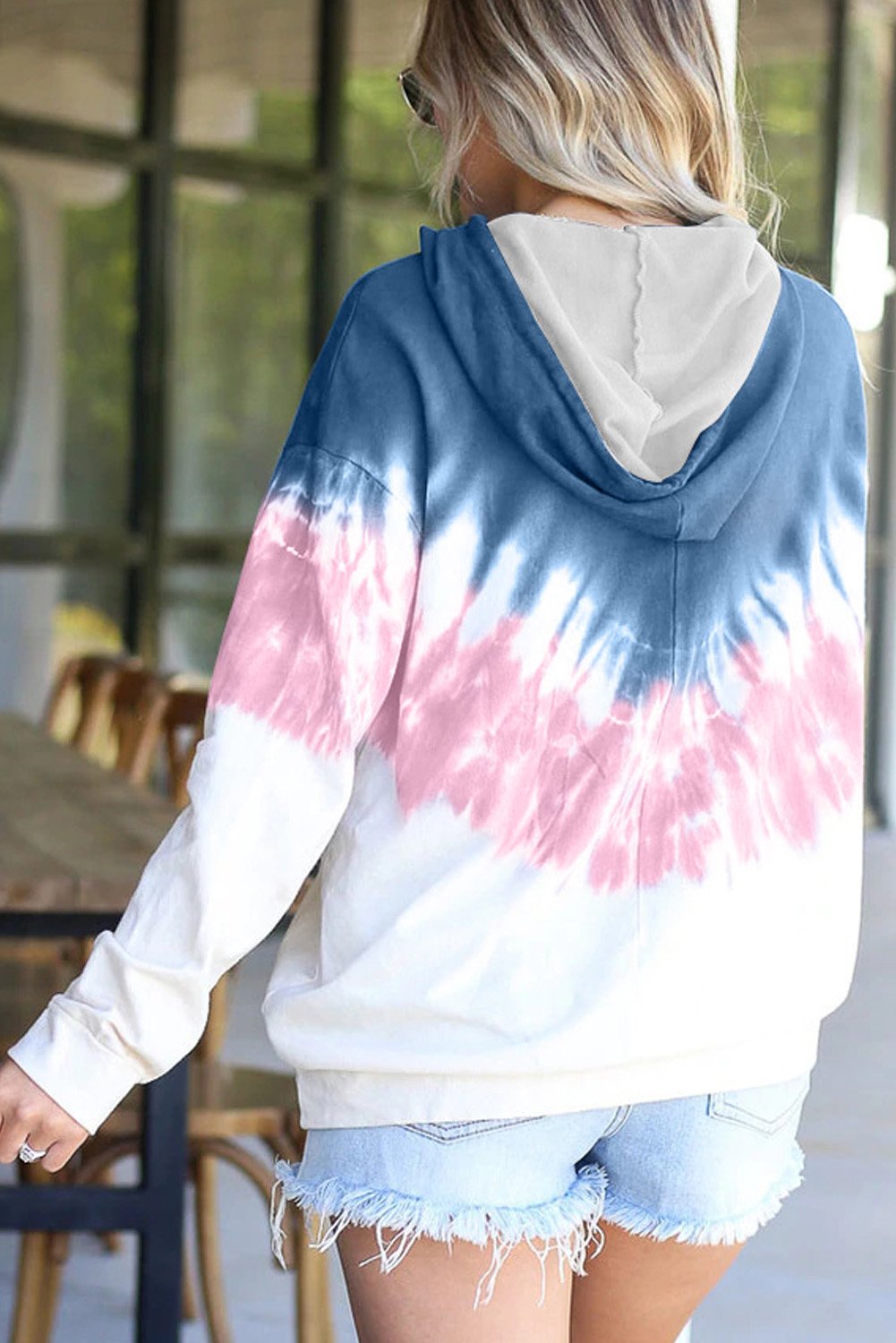 Picture of a Radiant Sunset Tie-Dye Hoodie pink and blue back view