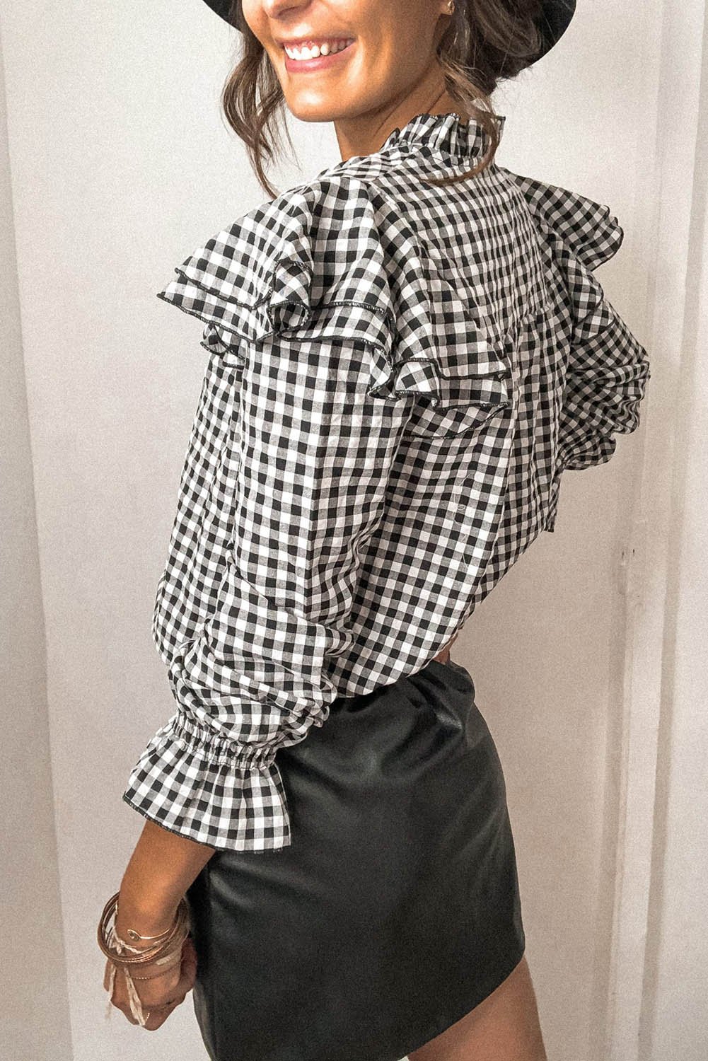 Plaid Black Ruffle Shirt with Buttons in black back view