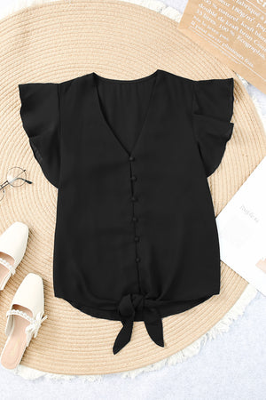 V-Neck Tie and Hem Flutter Sleeve Summer Women's Blouse black