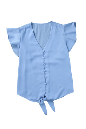V-Neck Tie and Hem Flutter Sleeve Summer Women's Blouse light blue