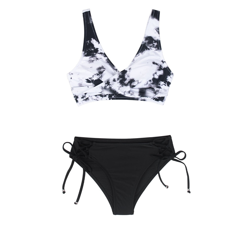 Women's Mid-Waist Bikini Set black and white front