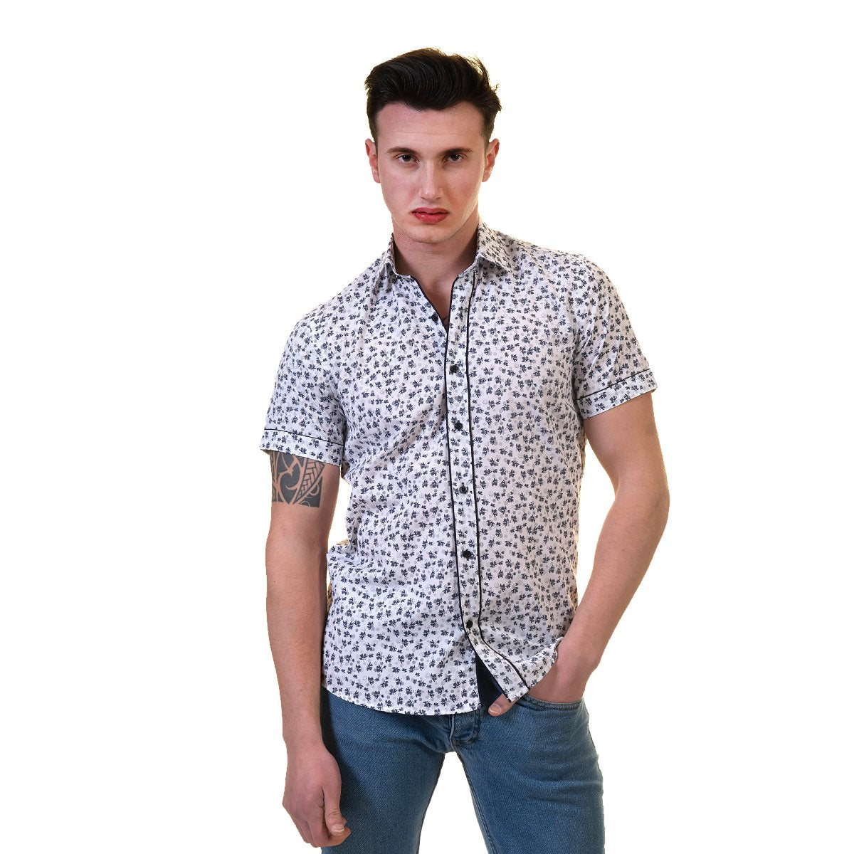 Picture of a Premium Men's Short Sleeve Button Up Shirt in White Print front view