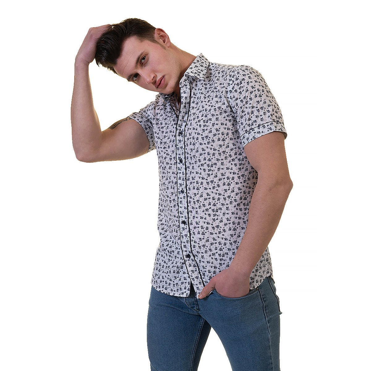 Picture of a Premium Men's Short Sleeve Button Up Shirt in White Print side view