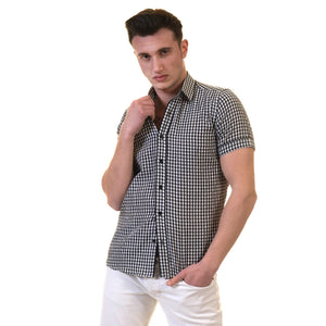 Picture of a Premium Men's Short Sleeve Button Up Shirt in Black and White front view