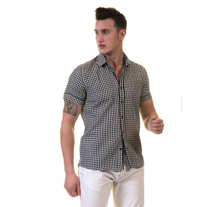 Picture of a Premium Men's Short Sleeve Button Up Shirt in Black and White front view model shot