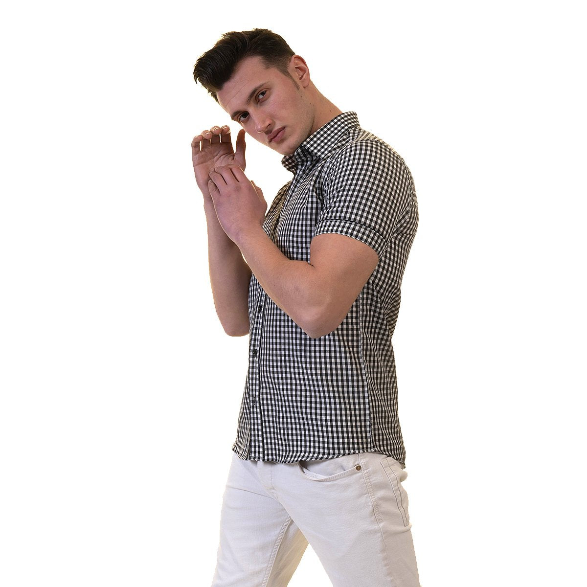 Picture of a Premium Men's Short Sleeve Button Up Shirt in Black and White side view