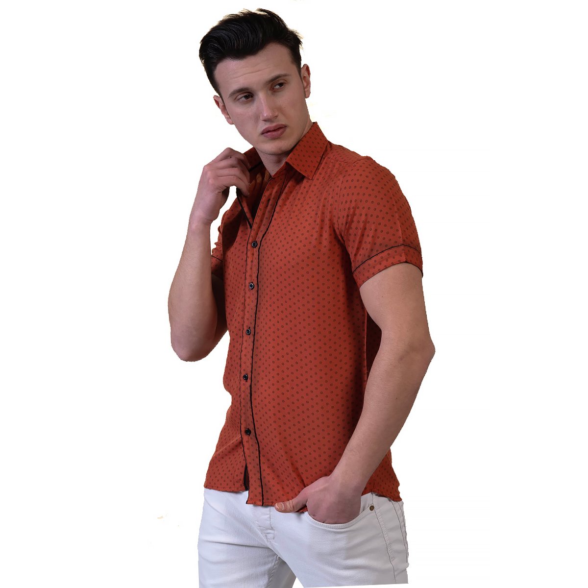 Picture of a Premium Men's Short Sleeve Button Up Shirt in Red side view