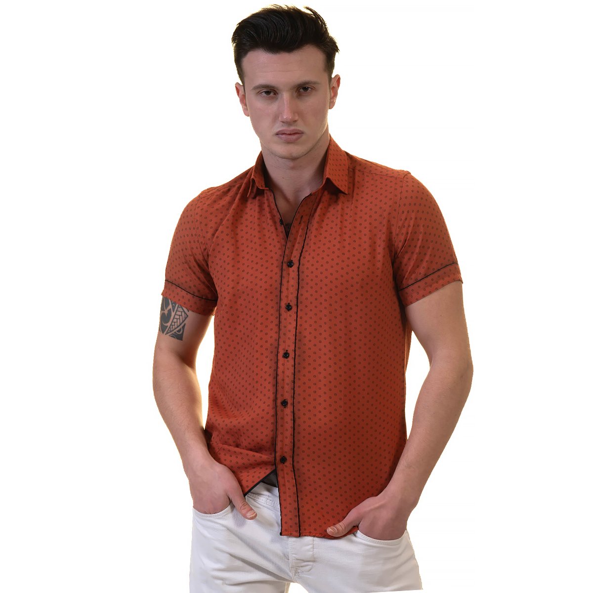 Picture of a Premium Men's Short Sleeve Button Up Shirt in Red front view