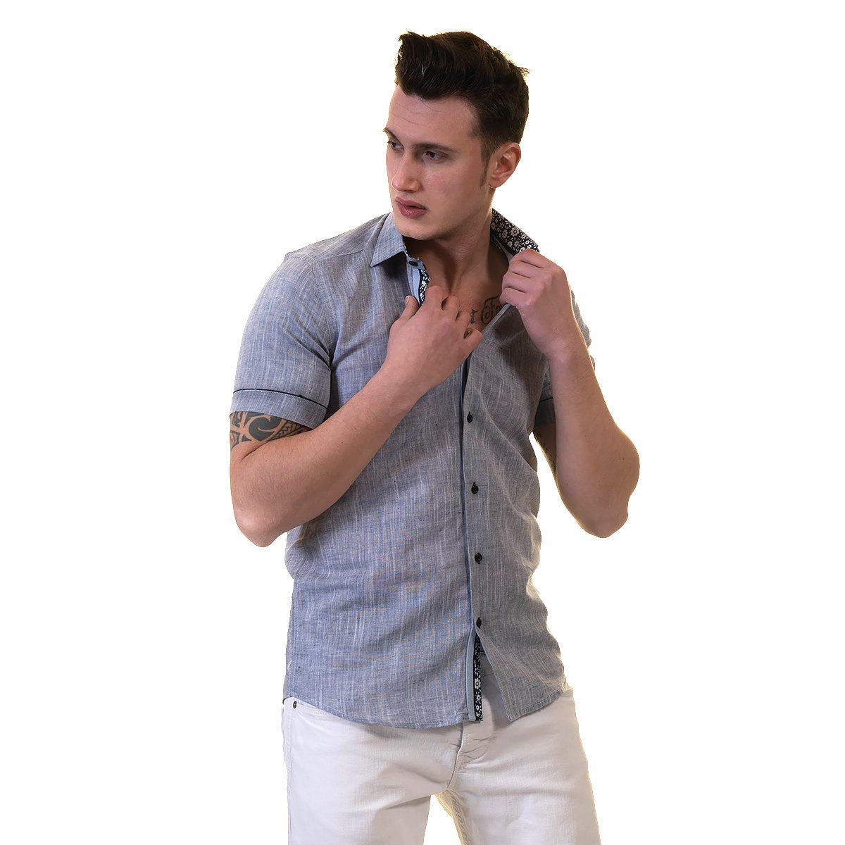 Picture of a Premium Men's Short Sleeve Button Up Shirt in Dark Grey front view