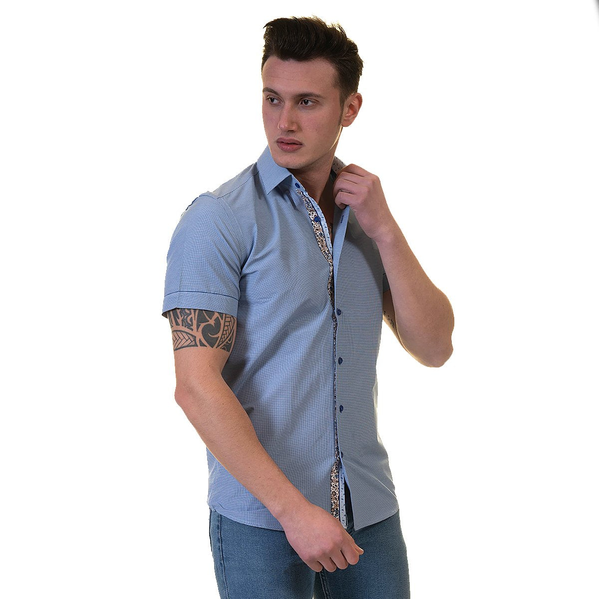 Blue Paisley Mens Short Sleeve Button up Shirts - Tailored Slim