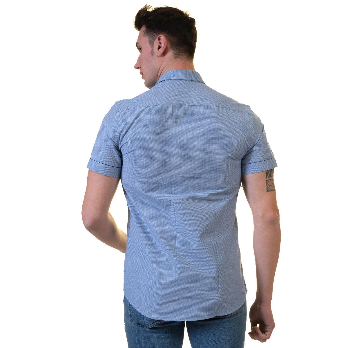 Picture of a Premium Men's Short Sleeve Button Up Shirt in blue back view