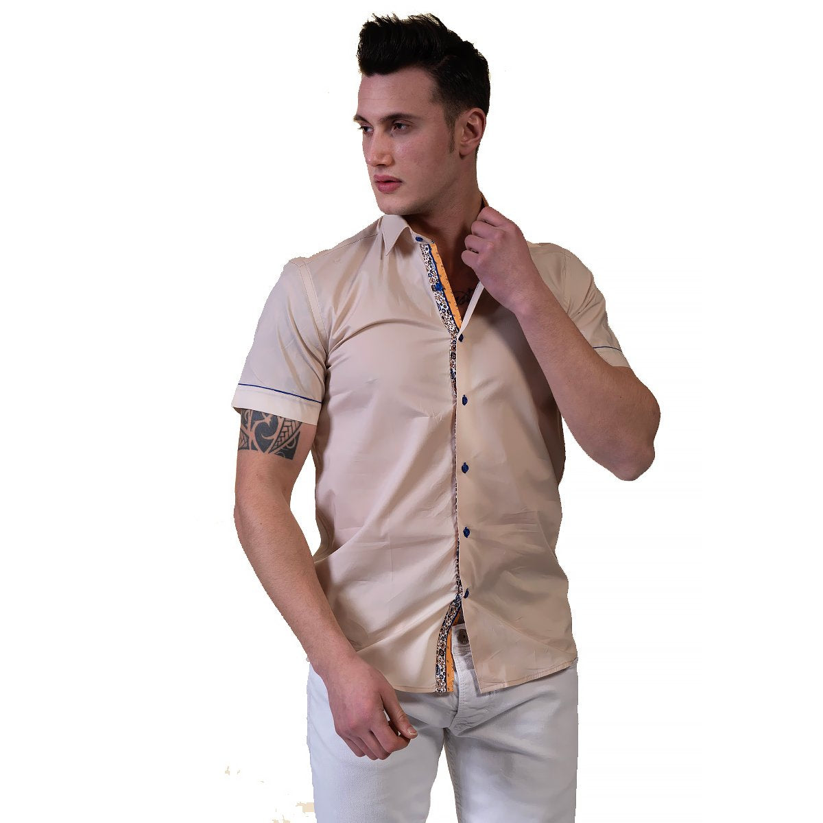 Premium Men's Short Sleeve Button Up Shirt in Orange front view