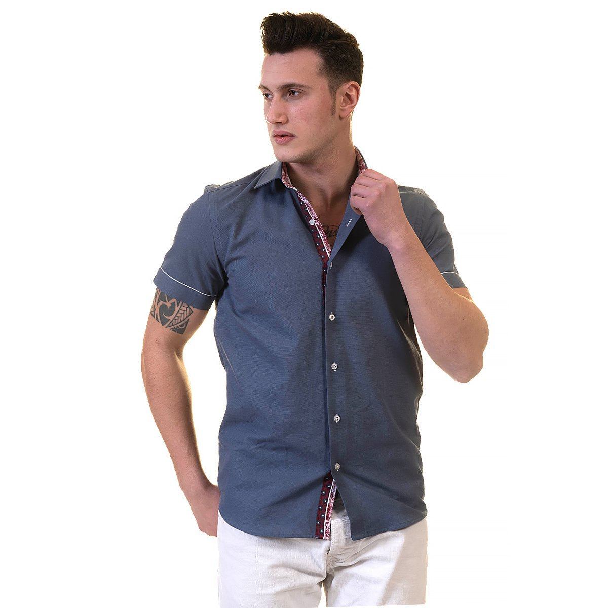 Picture of a Premium Men's Short Sleeve Button Up Shirt in Navy Blue front view