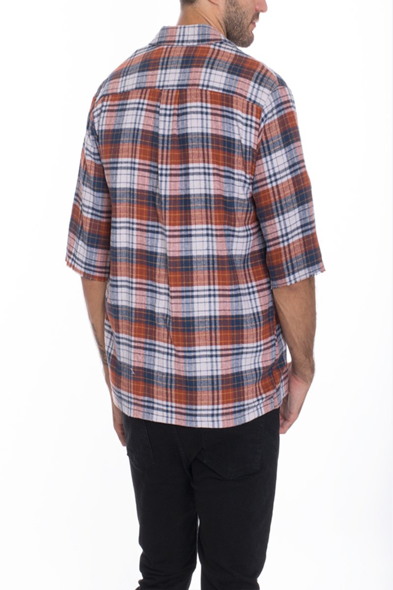 Picture of a Men's Short Sleeve Zip-Up Orange and White Flannel back
