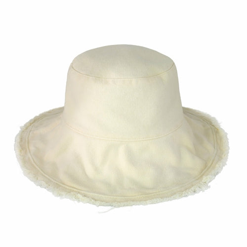 Plain Frayed Bucket Hat in cream white